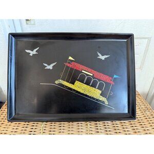 Vintage MCM Couroc Monterey Tray Street Car Trolley Birds Retro